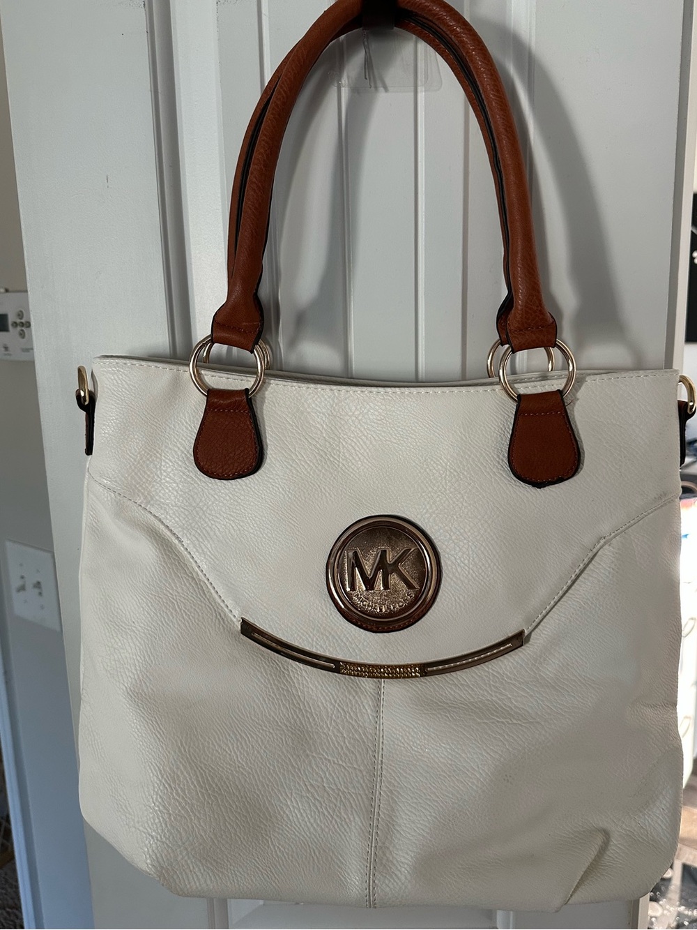 Michael Kors White Pebbled Faux Leather Tote Shoulder Bag Gold MK Medallion